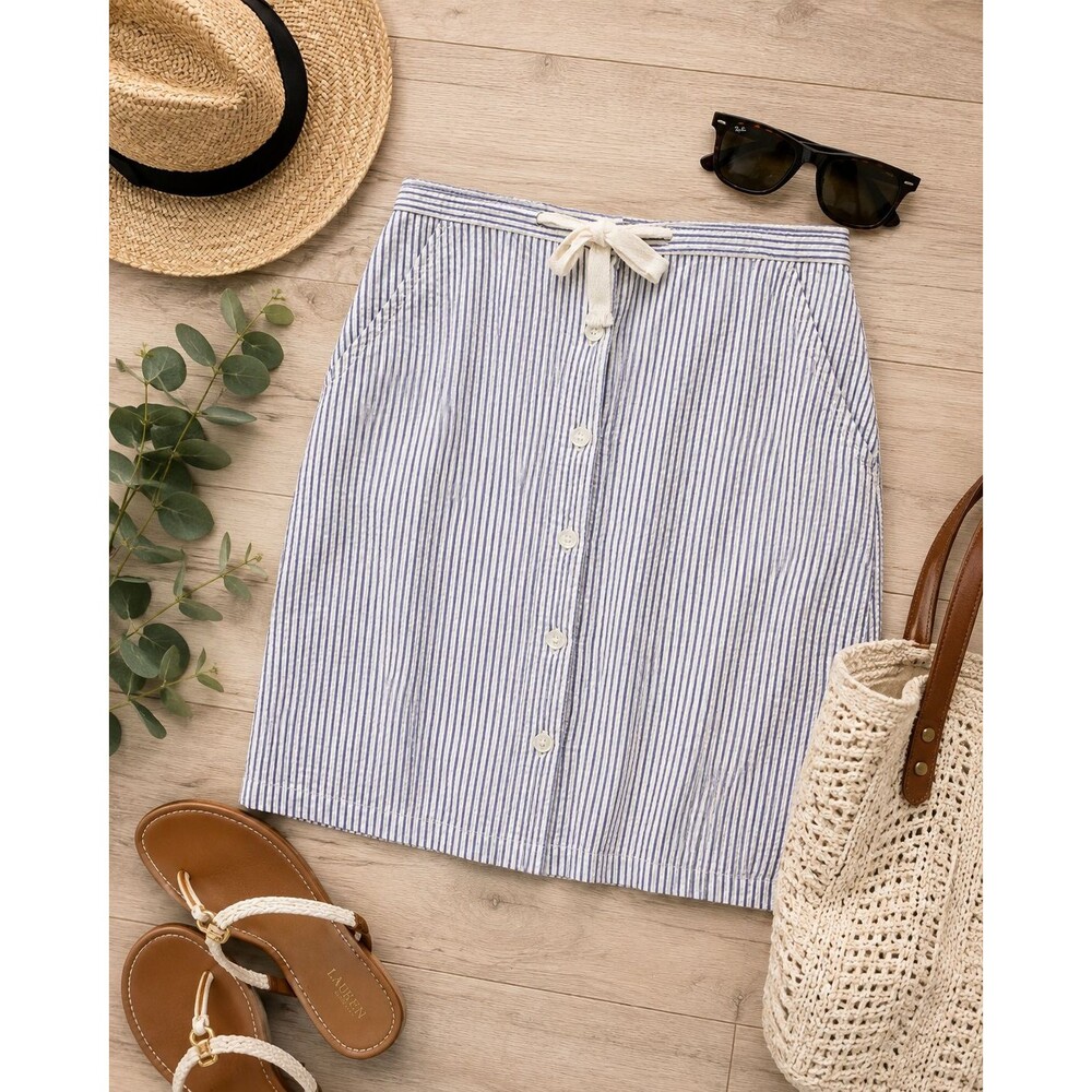 Orvis Women's 8 Blue White Striped Seersucker Cotton Button Front Pockets Skirt